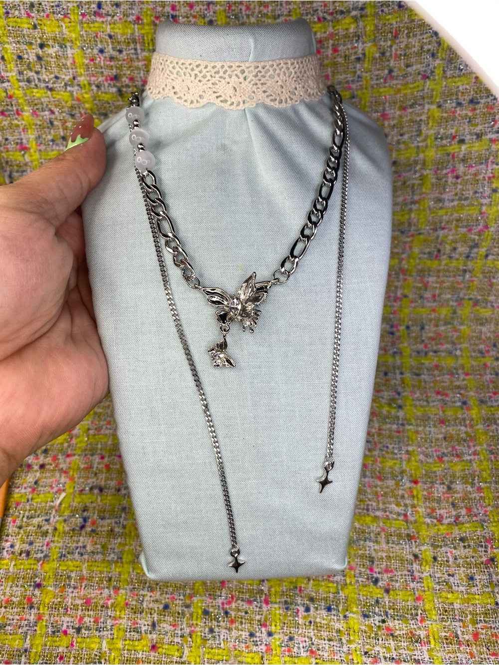 Silver Butterfly Pendant Layered Necklace - Women's Jewelry